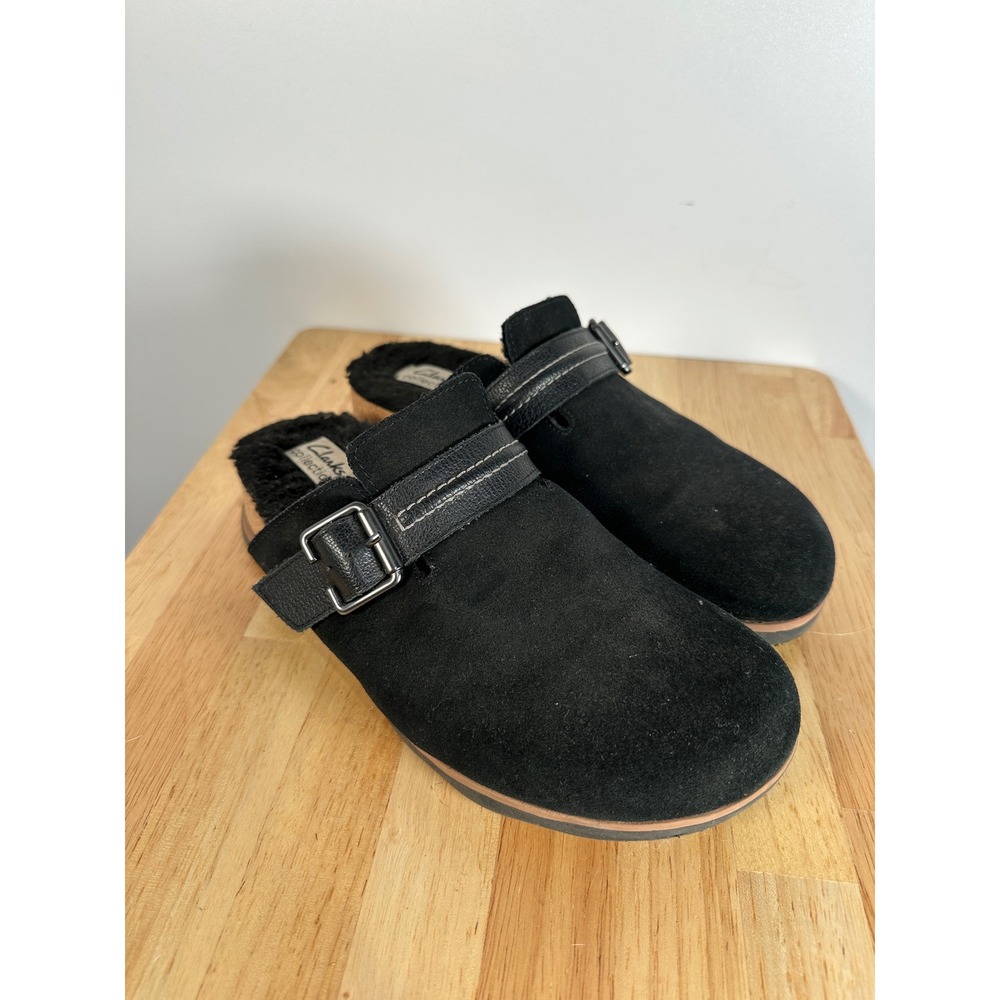 Clarks Black Suede Faux Fur Lined Clog Platform Mule Buckle Size 9